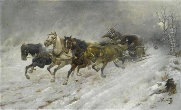 Pferdeschlitten Im Winter Oil Painting by Adolf (Constantin) Baumgartner-Stoiloff