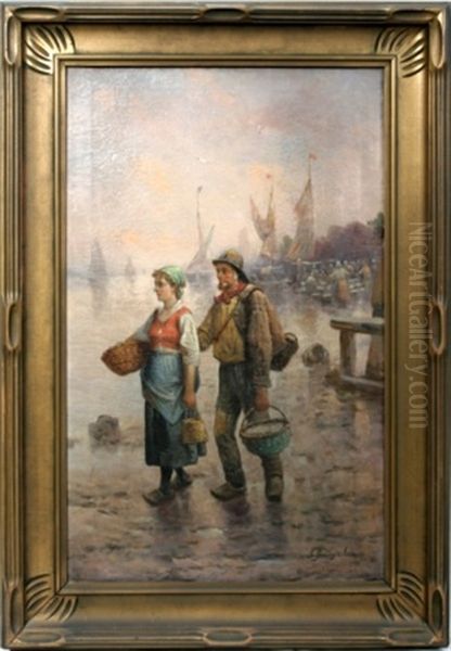 Oyster Gatherers Oil Painting by Adolf (Constantin) Baumgartner-Stoiloff