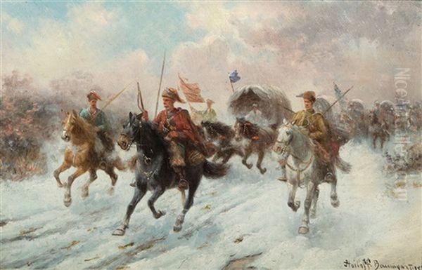 Cossacks Charge Oil Painting by Adolf (Constantin) Baumgartner-Stoiloff