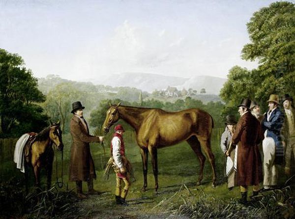 A Bay Racehorse Held By A Trainer In An Extensive Landscape Oil Painting by Jacques Laurent Agasse