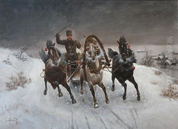 A Troika Sleigh At Speed In The Snow Oil Painting by Adolf (Constantin) Baumgartner-Stoiloff