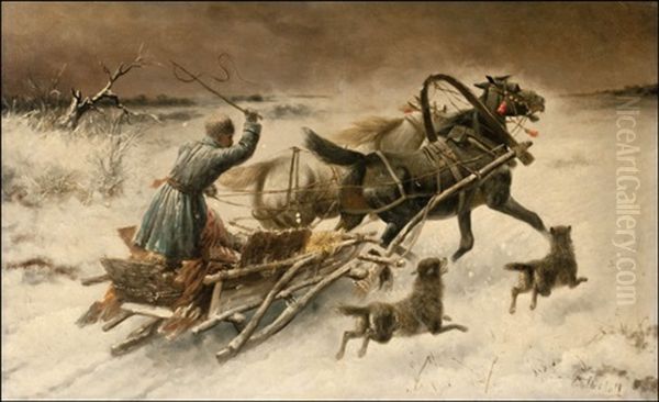 Hevosreki (horse Sleigh) Oil Painting by Adolf (Constantin) Baumgartner-Stoiloff