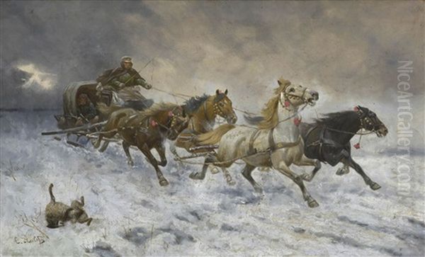 Pferdeschlitten Mit Jager In Winterlanschaft Oil Painting by Adolf (Constantin) Baumgartner-Stoiloff