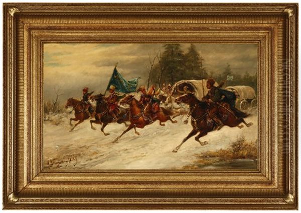 Cossacks With Wagons In The Snow by Adolf (Constantin) Baumgartner-Stoiloff