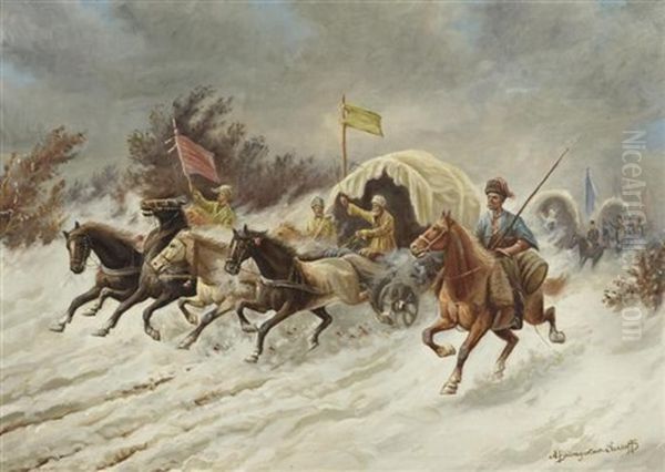 Reitende Kosaken Im Schnee Oil Painting by Adolf (Constantin) Baumgartner-Stoiloff