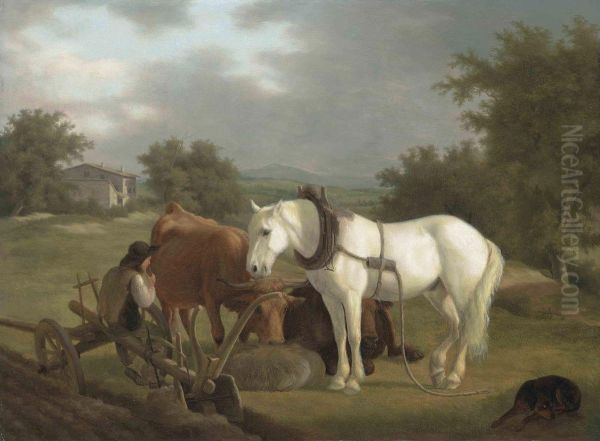 A Rural Landscape With A Ploughman Resting With His Grey Horse,cattle And Dog Oil Painting by Jacques Laurent Agasse