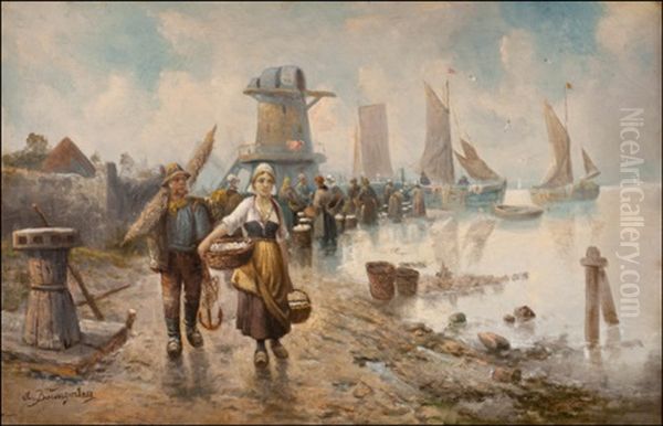 Fishermen Returning Home Oil Painting by Adolf (Constantin) Baumgartner-Stoiloff