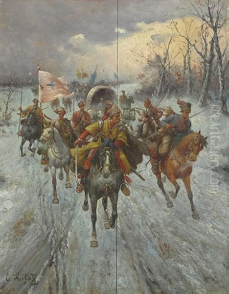 The Cossack Stampede Oil Painting by Adolf (Constantin) Baumgartner-Stoiloff