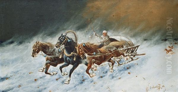 Sleigh-troika Oil Painting by Adolf (Constantin) Baumgartner-Stoiloff