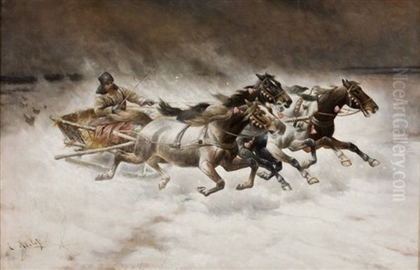 Wolfe Verfolgen Eine Troika Im Winter Oil Painting by Adolf (Constantin) Baumgartner-Stoiloff