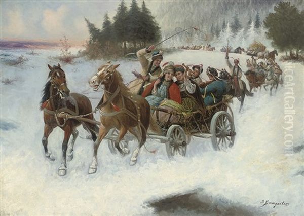 A Happy Sleigh-ride Oil Painting by Adolf (Constantin) Baumgartner-Stoiloff