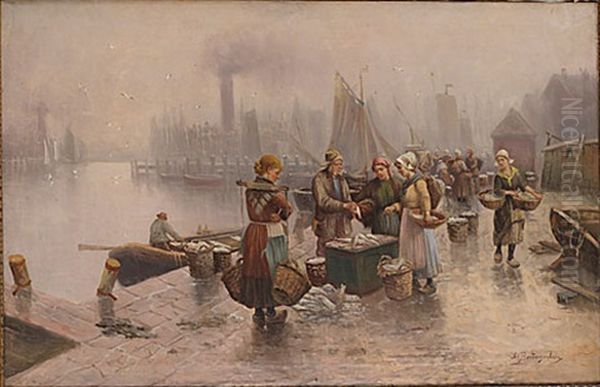 Fiskmarknad Oil Painting by Adolf (Constantin) Baumgartner-Stoiloff