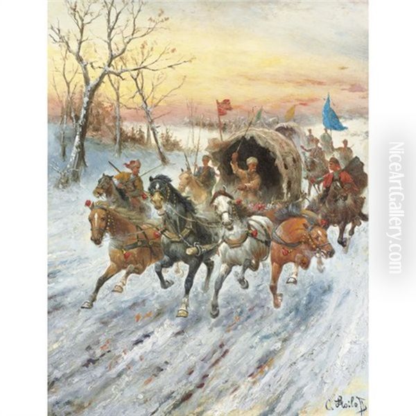 Convoy Of Gold In Siberia Oil Painting by Adolf (Constantin) Baumgartner-Stoiloff