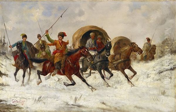 Russische Reiter In Winterlandschaft Oil Painting by Adolf (Constantin) Baumgartner-Stoiloff