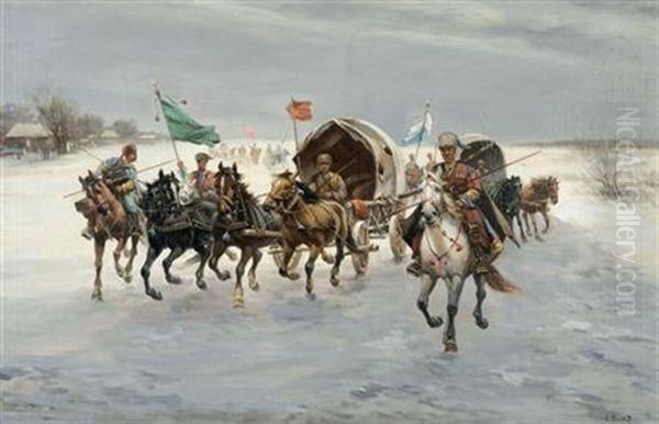 Cavalry Charge Oil Painting by Adolf (Constantin) Baumgartner-Stoiloff