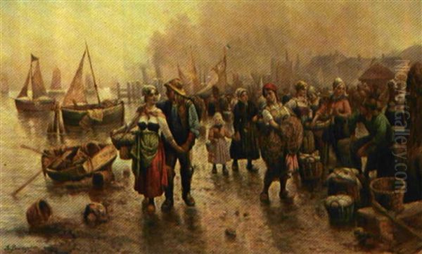 Folkeliv Ved Et Fiskerleje Oil Painting by Adolf (Constantin) Baumgartner-Stoiloff