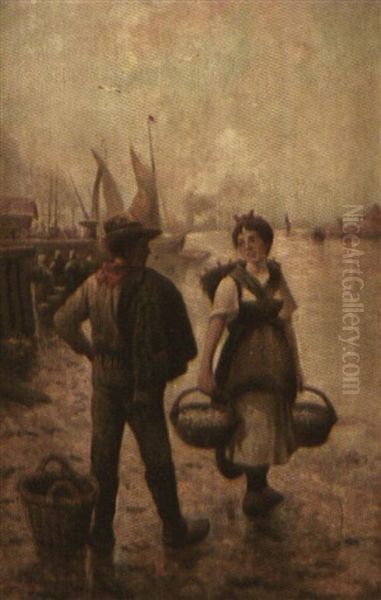 Fisherman And Young Woman With Baskets Oil Painting by Adolf (Constantin) Baumgartner-Stoiloff