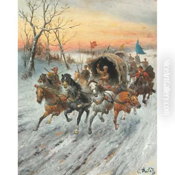 Convoy Of Gold In Siberia Oil Painting by Adolf (Constantin) Baumgartner-Stoiloff