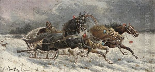 Running From The Wolves Oil Painting by Adolf (Constantin) Baumgartner-Stoiloff