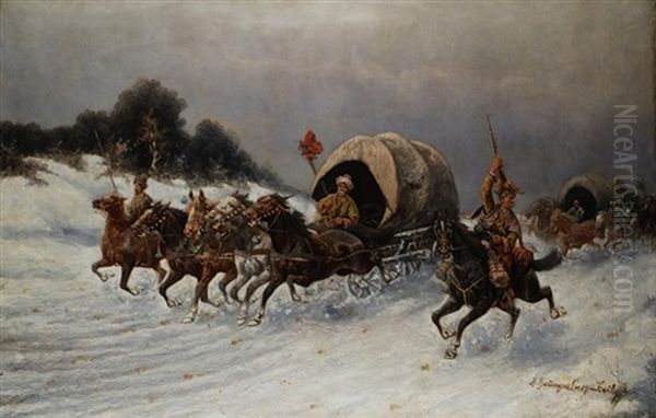 Pferdefuhrwerke Im Galopp Durch Verschneite Russische Landschaft Oil Painting by Adolf (Constantin) Baumgartner-Stoiloff