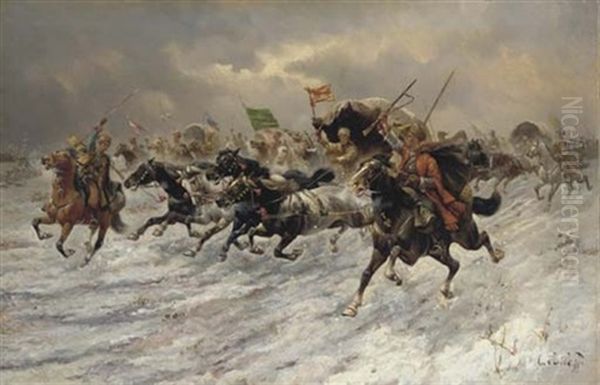 Russian Horsemen Storming The Battle Field Oil Painting by Adolf (Constantin) Baumgartner-Stoiloff