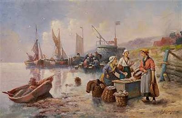 A Harbour Scene With Fishermen's Wives Oil Painting by Adolf (Constantin) Baumgartner-Stoiloff