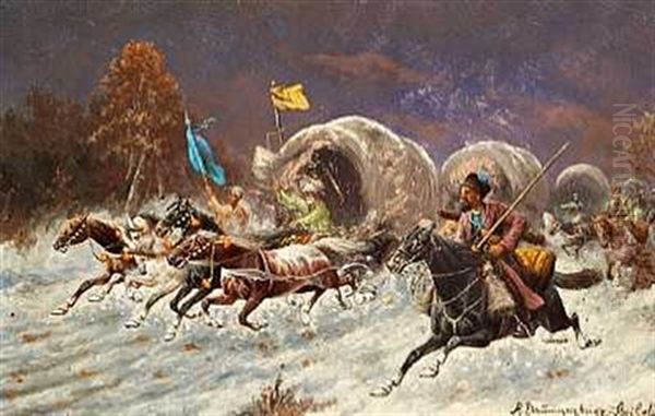 Cossacks Attacking A Caravan Oil Painting by Adolf (Constantin) Baumgartner-Stoiloff