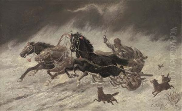 Running From The Wolves Oil Painting by Adolf (Constantin) Baumgartner-Stoiloff