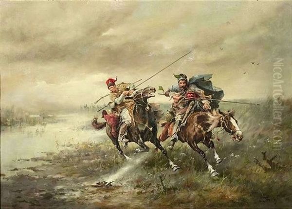 Zwei Reiter Preschen Durch Die Steppe Oil Painting by Adolf (Constantin) Baumgartner-Stoiloff