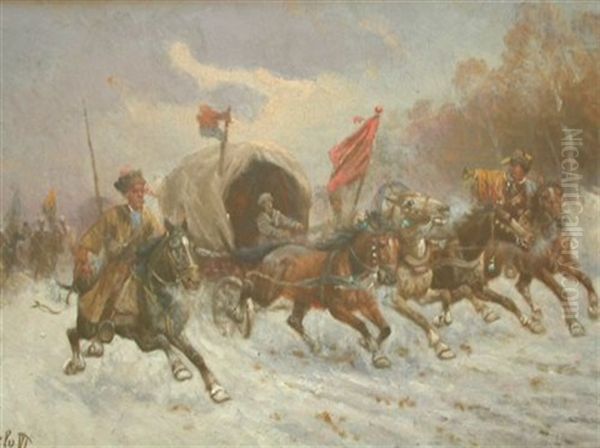 Cossacks On Horseback I Oil Painting by Adolf (Constantin) Baumgartner-Stoiloff