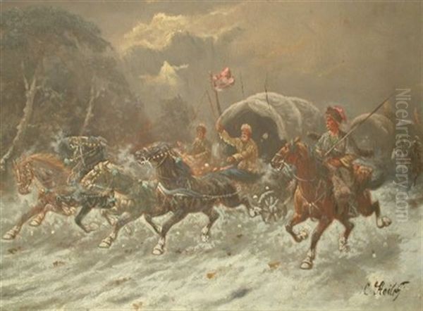 Cossacks On Horseback Ii Oil Painting by Adolf (Constantin) Baumgartner-Stoiloff