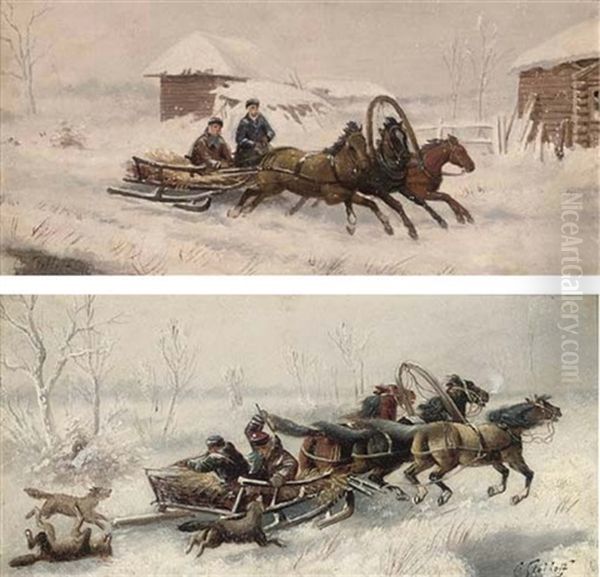 A Troika Ride (+ Running From The Wolves; Pair) Oil Painting by Adolf (Constantin) Baumgartner-Stoiloff