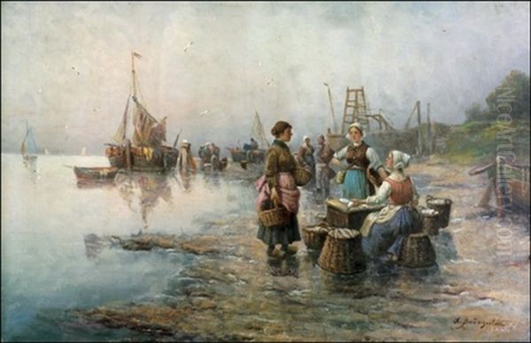 Kalastajia Laiturilla Oil Painting by Adolf (Constantin) Baumgartner-Stoiloff