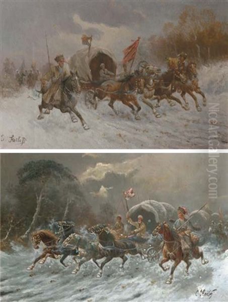 Cossacks On Horseback In Full Gallop (pair) Oil Painting by Adolf (Constantin) Baumgartner-Stoiloff