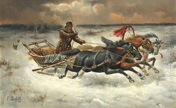 Eine Troika Wird Von Wolfen Attackiert Oil Painting by Adolf (Constantin) Baumgartner-Stoiloff