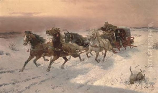 Running From The Wolves Oil Painting by Adolf (Constantin) Baumgartner-Stoiloff