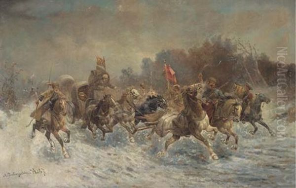 A Siberian Gold Convoy Oil Painting by Adolf (Constantin) Baumgartner-Stoiloff