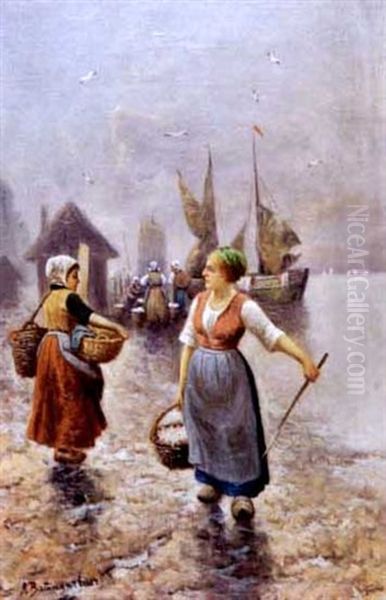 Women With Baskets By The Shore Oil Painting by Adolf (Constantin) Baumgartner-Stoiloff