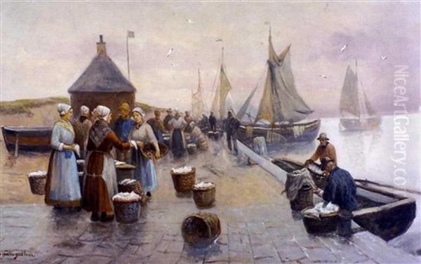 Kalasatama (the Fishing Harbour) Oil Painting by Adolf (Constantin) Baumgartner-Stoiloff