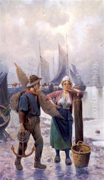 Nuori Kalastaja Ja Tytto (young Fisherman With A Girl) Oil Painting by Adolf (Constantin) Baumgartner-Stoiloff