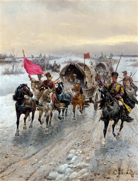 Advancing Cossack Convoy Oil Painting by Adolf (Constantin) Baumgartner-Stoiloff