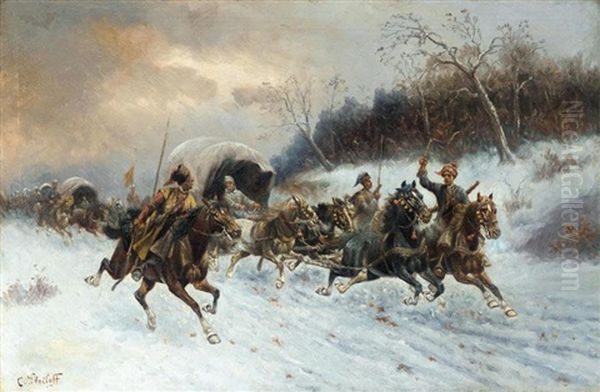 Cossack Patrol Oil Painting by Adolf (Constantin) Baumgartner-Stoiloff