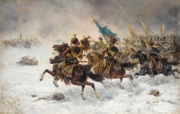 Charging Cossacks Oil Painting by Adolf (Constantin) Baumgartner-Stoiloff