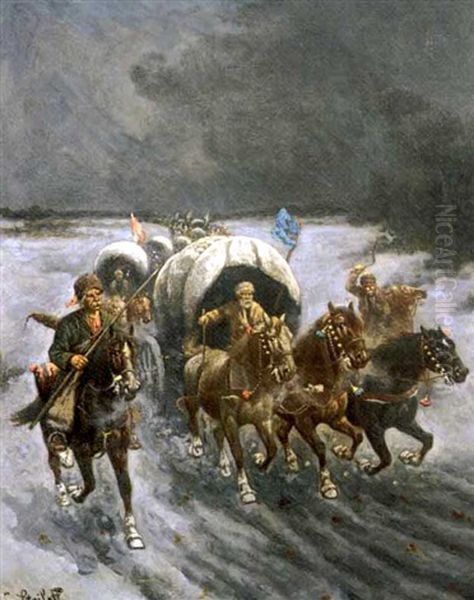 Russian Caravans In The Snow Oil Painting by Adolf (Constantin) Baumgartner-Stoiloff