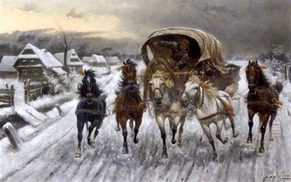 A Russian Caravan Racing In The Snow Oil Painting by Adolf (Constantin) Baumgartner-Stoiloff