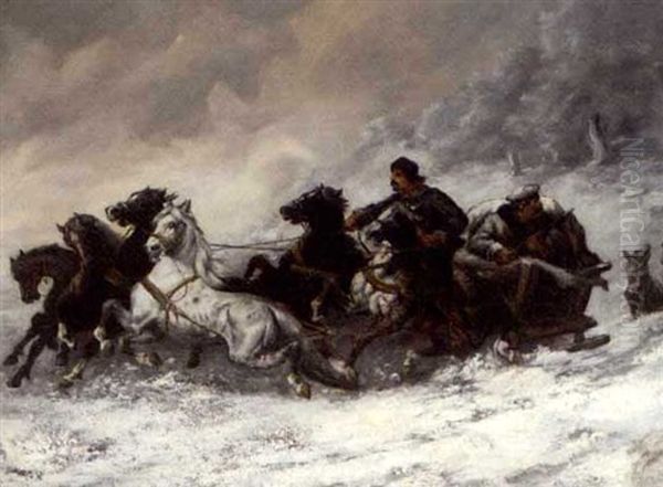 Running From The Wolves Oil Painting by Adolf (Constantin) Baumgartner-Stoiloff