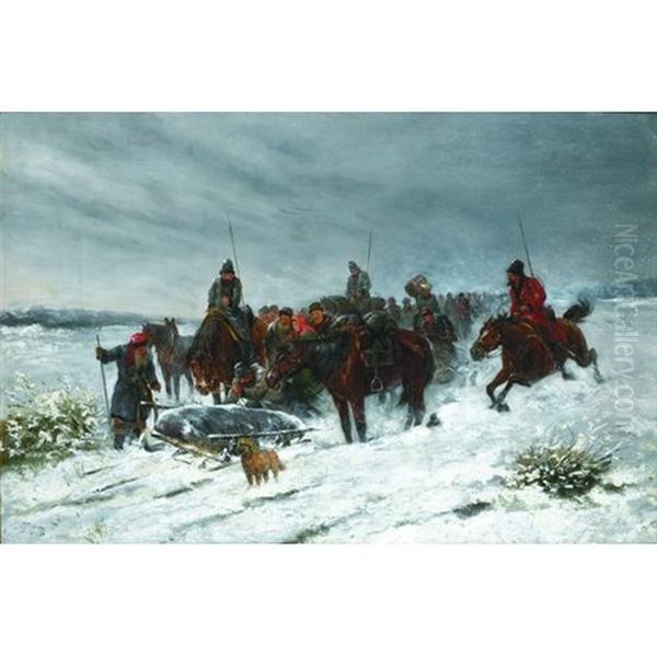 A Winter Landscape With Horsemen And Numerous Figures On A Track With A Sled And Dog In The Foreground Oil Painting by Adolf (Constantin) Baumgartner-Stoiloff