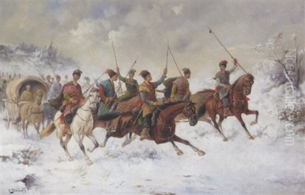 Cossack Cavalry Charge Through Snow Oil Painting by Adolf (Constantin) Baumgartner-Stoiloff