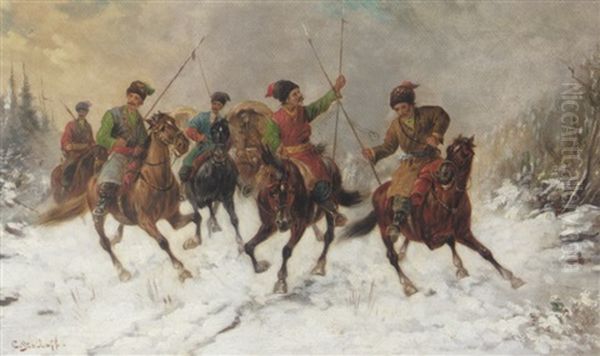 Cavalrymen With Spears Oil Painting by Adolf (Constantin) Baumgartner-Stoiloff