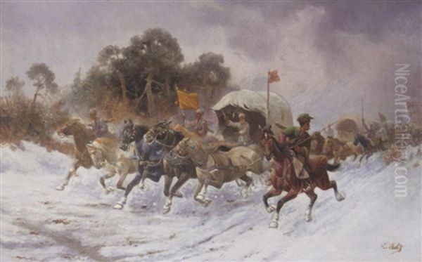 Battle Scene Oil Painting by Adolf (Constantin) Baumgartner-Stoiloff